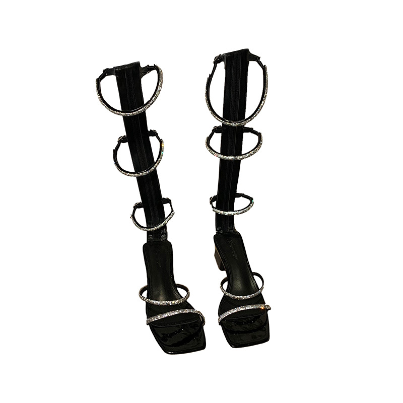 2024 New Roman Style Strappy High-Top Sandals with Rhinestones for Women Chunky Heel Ankle Strap