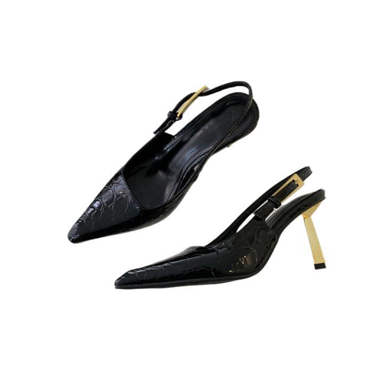 2024 New Women's Patent Leather High Heel Sandals with Back Strap, Stone Pattern, Thin Heel, Korean Style