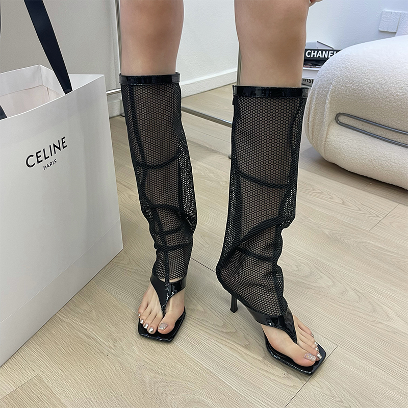 2024 Summer New Style Women's Open Toe High Heel Boots with Mesh Hollow Out and Strap Details