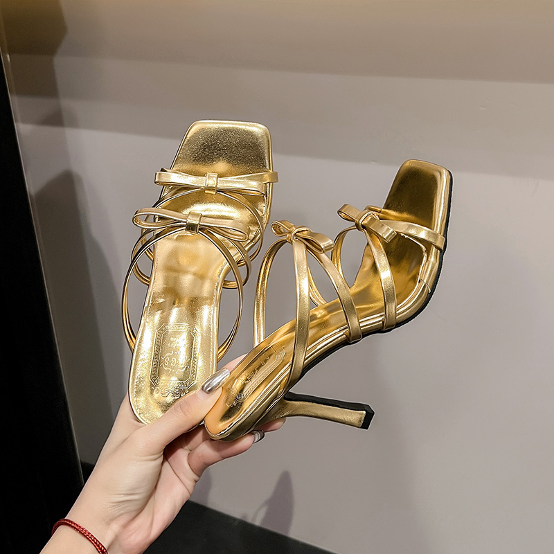 2025 Summer New High Heel Women Square Toe Bow Slippers Fashion