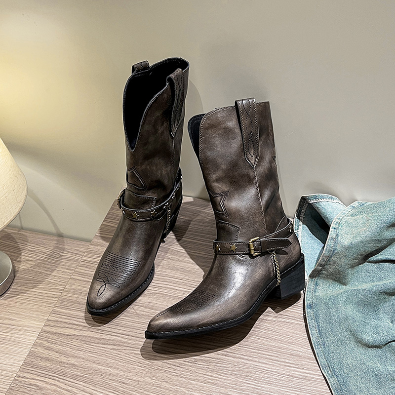 Distressed Cowboy Boots for Women Pointed Toe Chunky Heel Western Boots V-Cut Belt Decor Short Ankle Boots