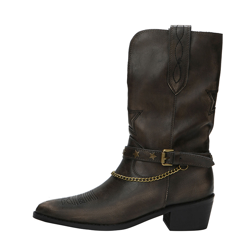 Distressed Cowboy Boots for Women Pointed Toe Chunky Heel Western Boots V-Cut Belt Decor Short Ankle Boots