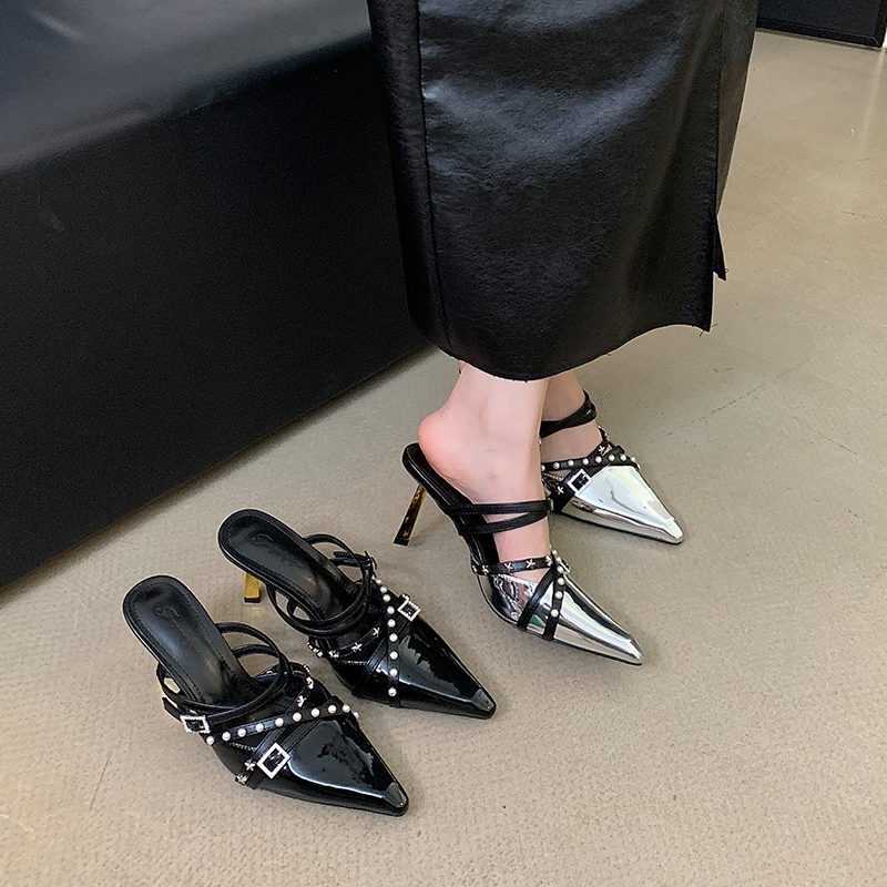 Fortune One Foot Pearl Sandals Women 2024 New Style Versatile Closed Toe Cross Strap Buckle Thin Heel Mary Jane Shoes