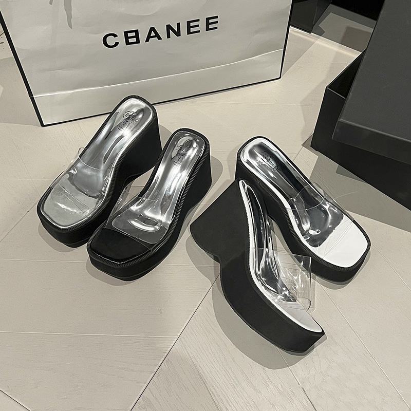 Ins Style One-Strap Transparent High Heel Slippers for Women Summer Outdoor Waterproof Platform Wedge Sandals