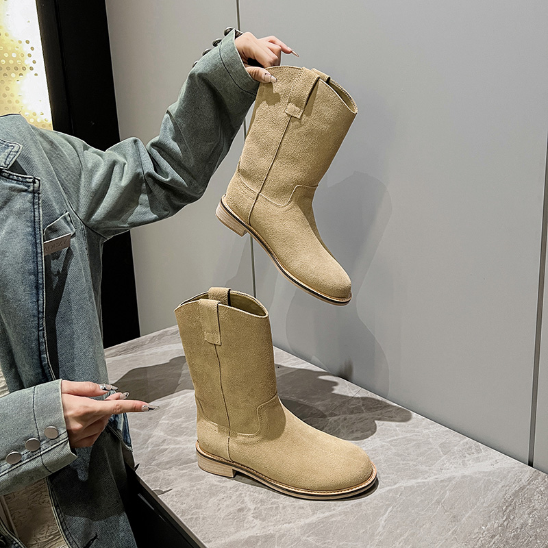 Vintage Leather Straight Tube Cowhide V-Mouth Mid Calf Boots Martin Boots Fashion Korean Short Boots Western Boots