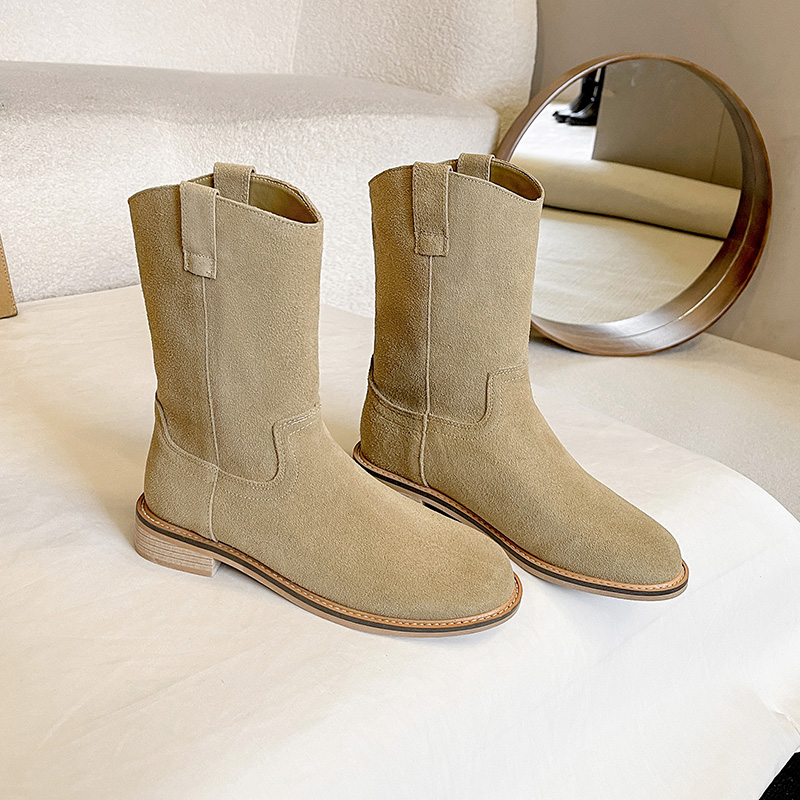 Vintage Leather Straight Tube Cowhide V-Mouth Mid Calf Boots Martin Boots Fashion Korean Short Boots Western Boots