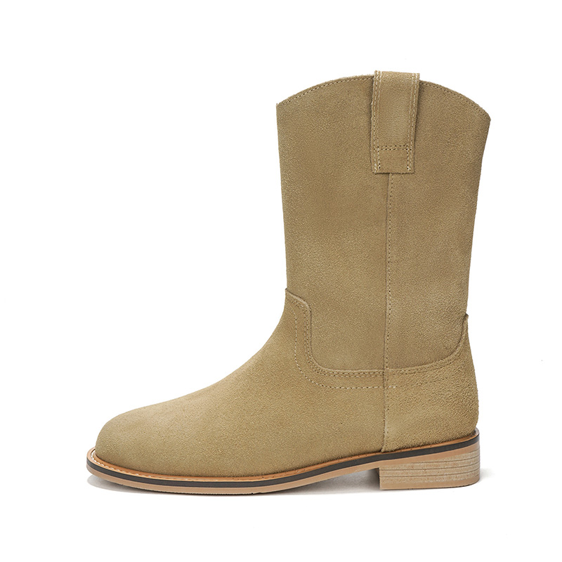 Vintage Leather Straight Tube Cowhide V-Mouth Mid Calf Boots Martin Boots Fashion Korean Short Boots Western Boots