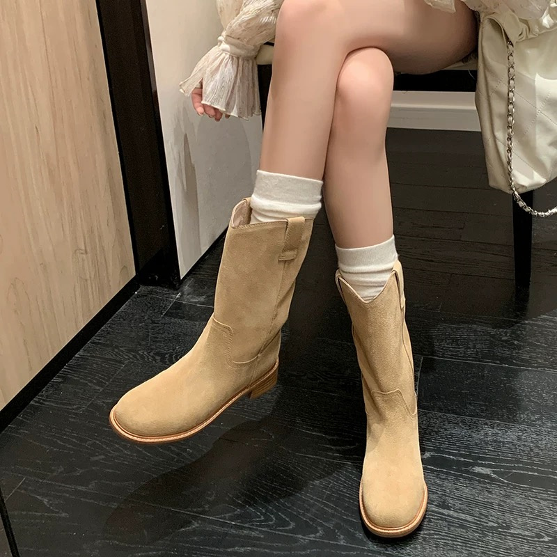 Vintage Round Toe Flat Suede Mid Calf Boots Women Zhao Lusi Same Style Simple Pull On Martin Boots