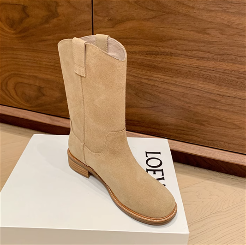 Vintage Round Toe Flat Suede Mid Calf Boots Women Zhao Lusi Same Style Simple Pull On Martin Boots