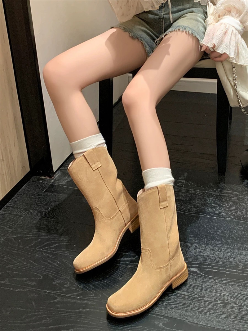Vintage Round Toe Flat Suede Mid Calf Boots Women Zhao Lusi Same Style Simple Pull On Martin Boots