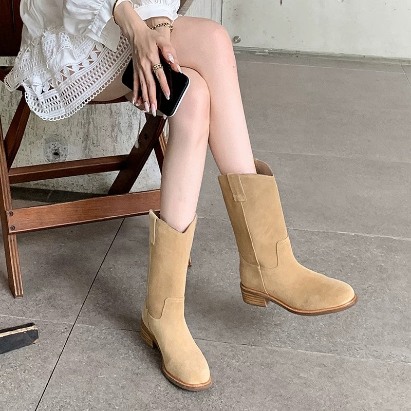 Vintage Round Toe Flat Suede Mid Calf Boots Women Zhao Lusi Same Style Simple Pull On Martin Boots