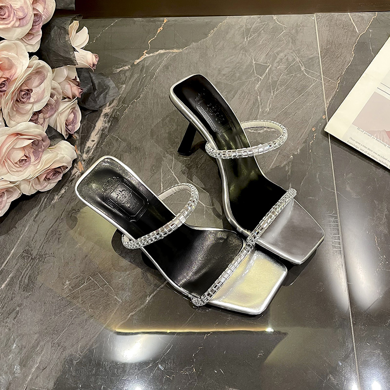 Women's High Heel Sandals Thin Heel Rhinestone One-Strap Black 2025 New European and American Summer Temperament Celebrity High Heels