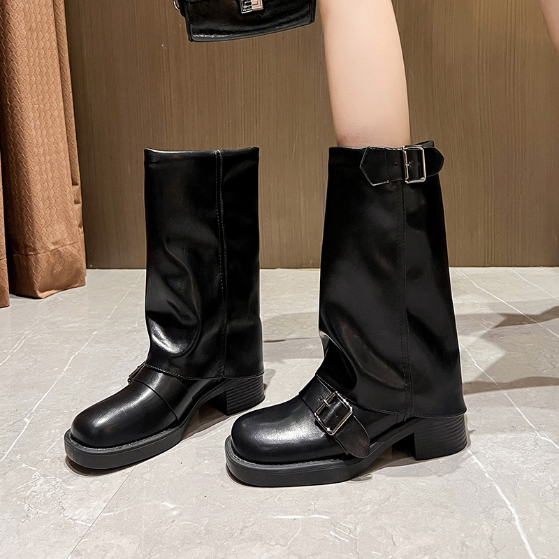 Women's Leather Round Toe Mid Calf Boots with Buckle Chunky Heel Slim Fit 2024 Winter