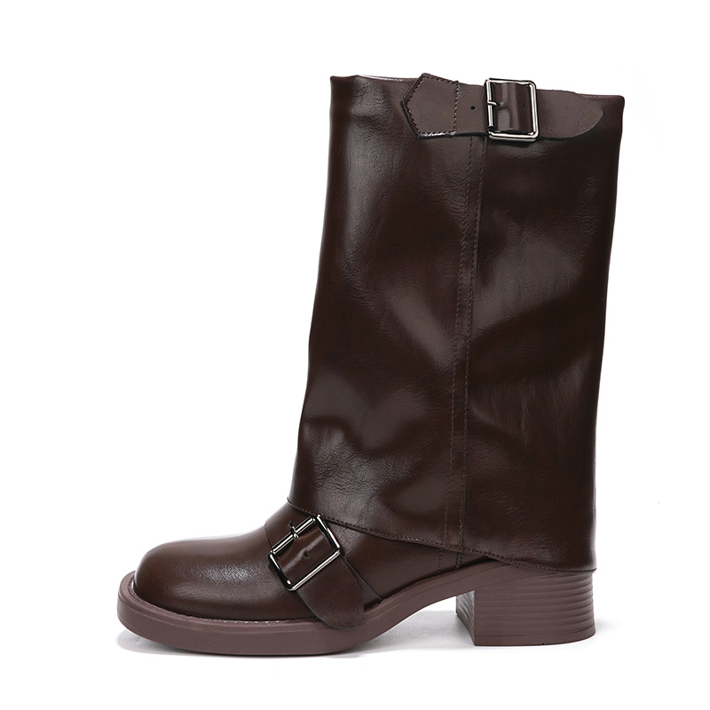 Women's Leather Round Toe Mid Calf Boots with Buckle Chunky Heel Slim Fit 2024 Winter