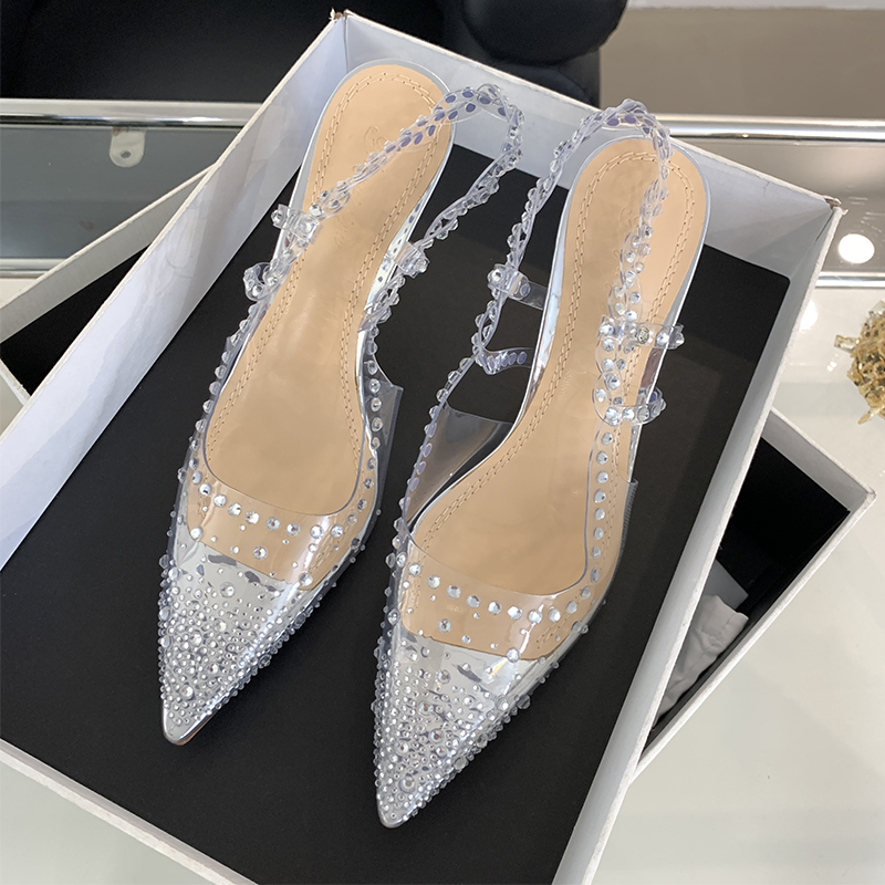 Women's Rhinestone Peep-Toe High Heel Sandals with Ankle Strap 2024 Summer New Style