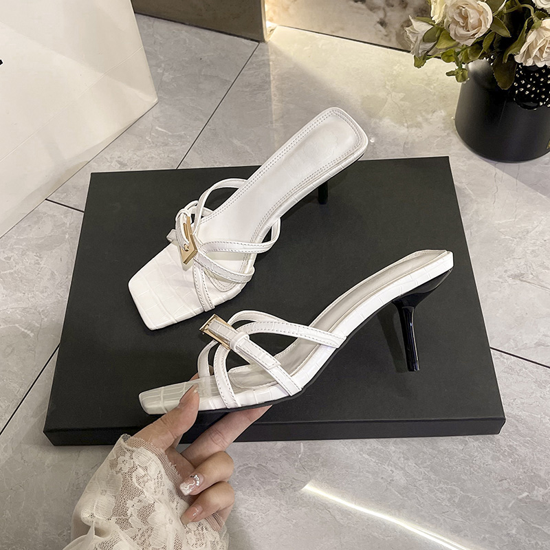 Women's Stone Pattern Black Patent Leather Gold Buckle Open Toe Square Toe Strap Sandals Slippers